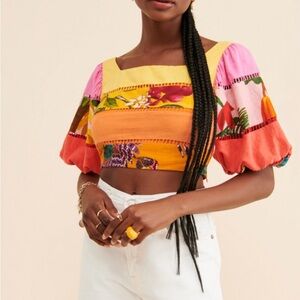 Farm Rio tiered rainbow cropped linen puff sleeve